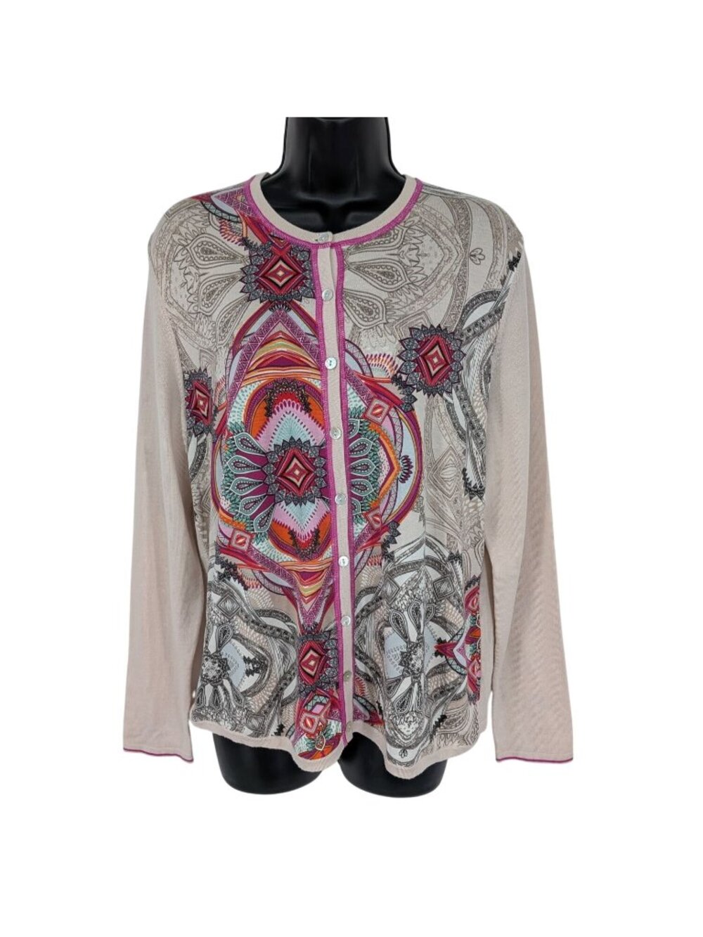 Basler Wool Button Up Cardigan Top Mandala Print Bohemian Resort‎ Festival EU 40